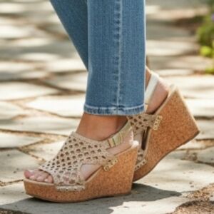 Chelsea & Violet "Zoren" Gold Woven Studsed Wedge Sandals